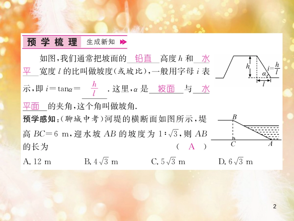 （遵义专版）九年级数学下册 第28章 锐角三角函数 28.2 解直角三角形及其应用 28.2.2 应用举例 第3课时 与坡度有关的解直角三角形的应用习题课件 （新版）新人教版_第2页