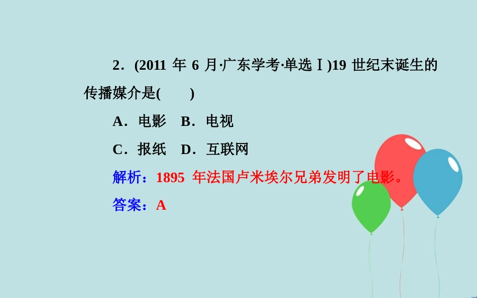 高中历史学业水平测试复习 专题二十 近代以来世界的科学技术与文学艺术 考点6 影视艺术的产生与发展课件_第3页