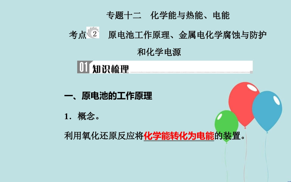 高中化学学业水平测试复习 第六章 化学反应与能量 专题十二 化学能与热能、电能 考点2 原电池工作原理、金属电化学腐蚀与防护和化学电源课件课件_第2页