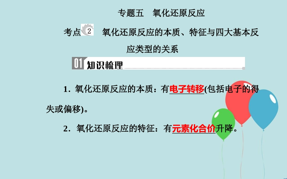 高中化学学业水平测试复习 第二章 化学物质及其变化 专题五 氧化还原反应 考点2 氧化还原反应的本质、特征与四大基本反应类型的关系课件_第2页