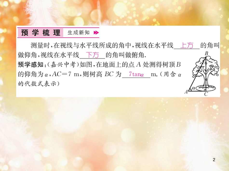 （遵义专版）九年级数学下册 第28章 锐角三角函数 28.2 解直角三角形及其应用 28.2.2 应用举例 第1课时 与视角有关的解直角三角形的应用习题课件 （新版）新人教版_第2页