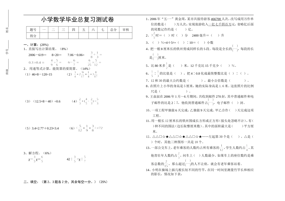 小学数学毕业测试题45[共3页]_第1页