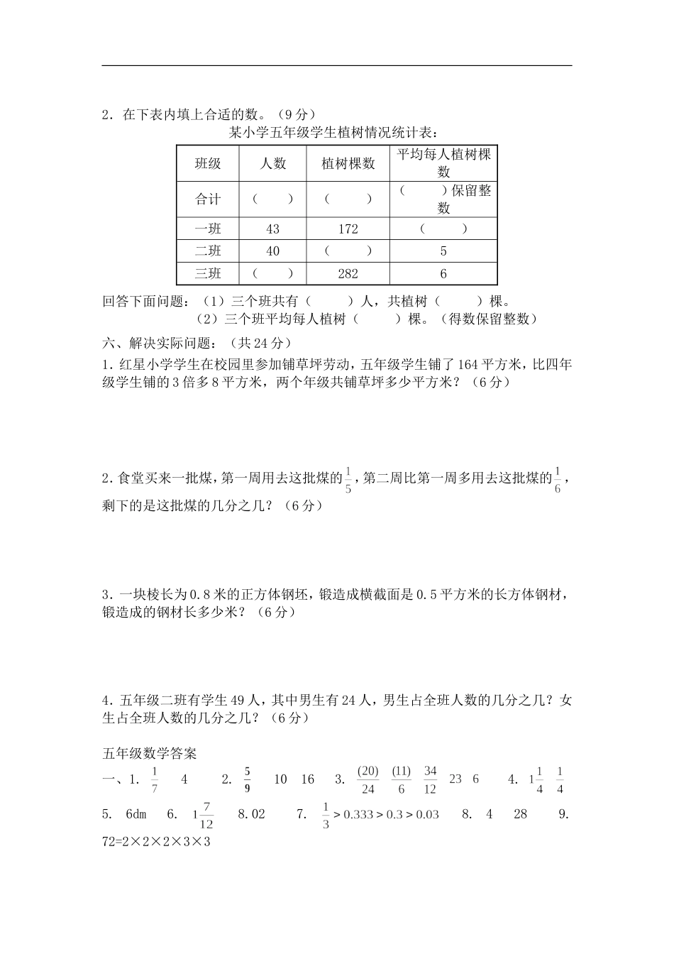 小学五年级下数学练习题及参考答案[共4页]_第3页