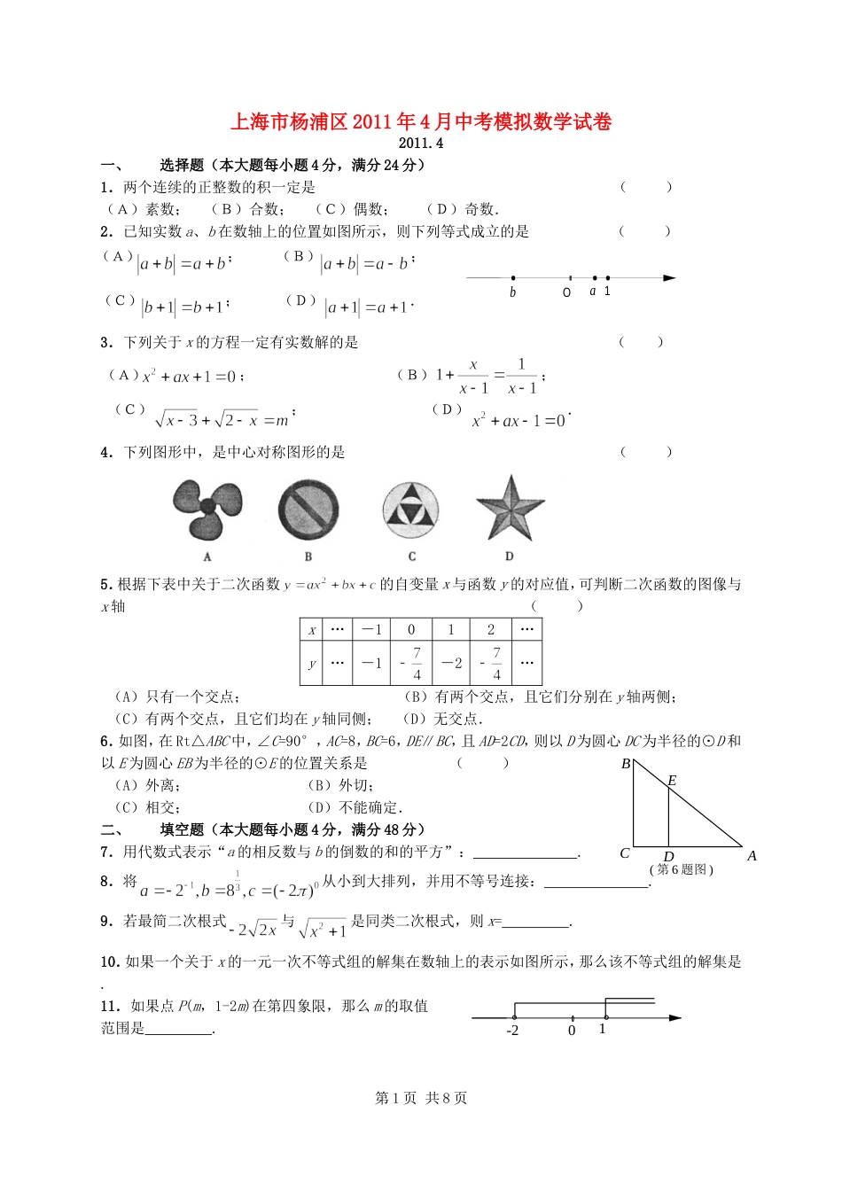 上海市杨浦区中考数学模拟试卷_第1页