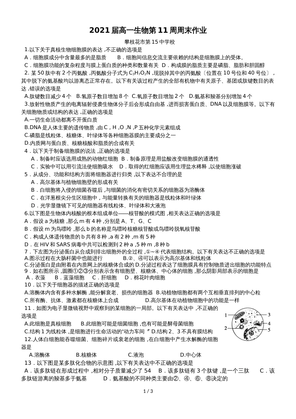 2021届高一生物第11周周末作业_第1页