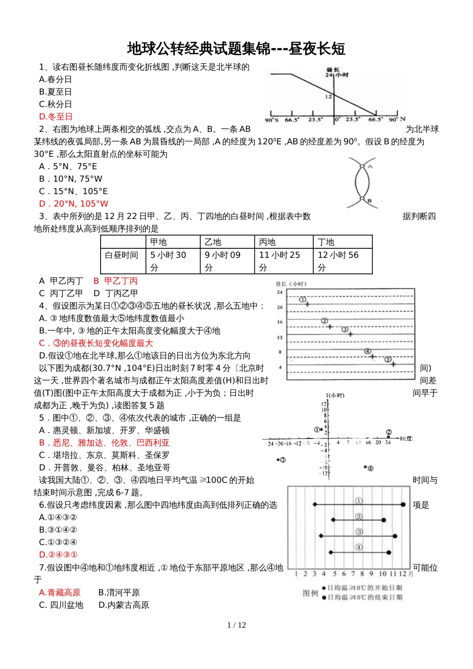 地球公转经典试题集锦昼夜长短_第1页