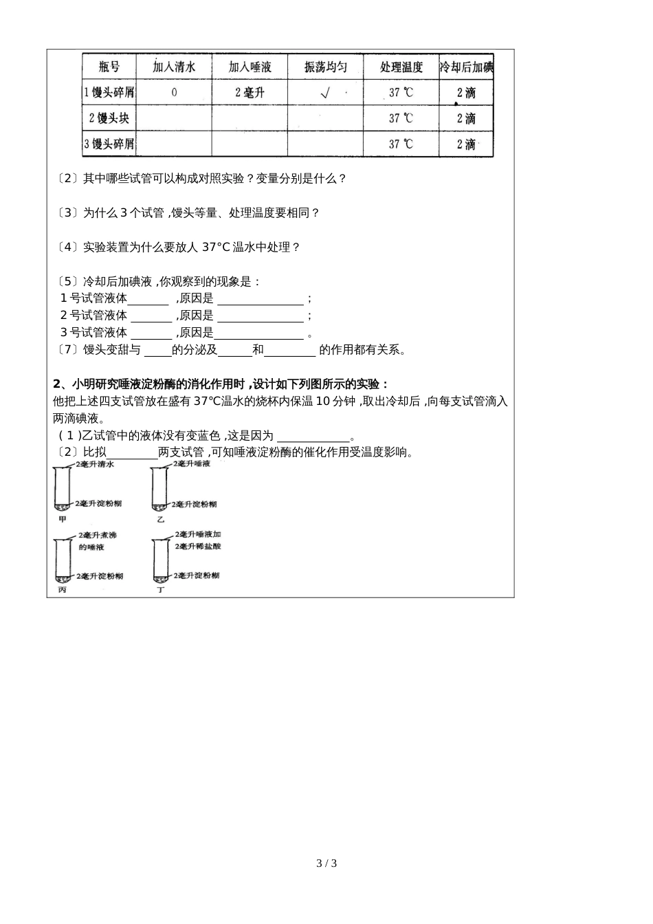 北师大版生物七年级下册第八章第二节 究探馒头在口腔中的消化 导学案（无答案）_第3页