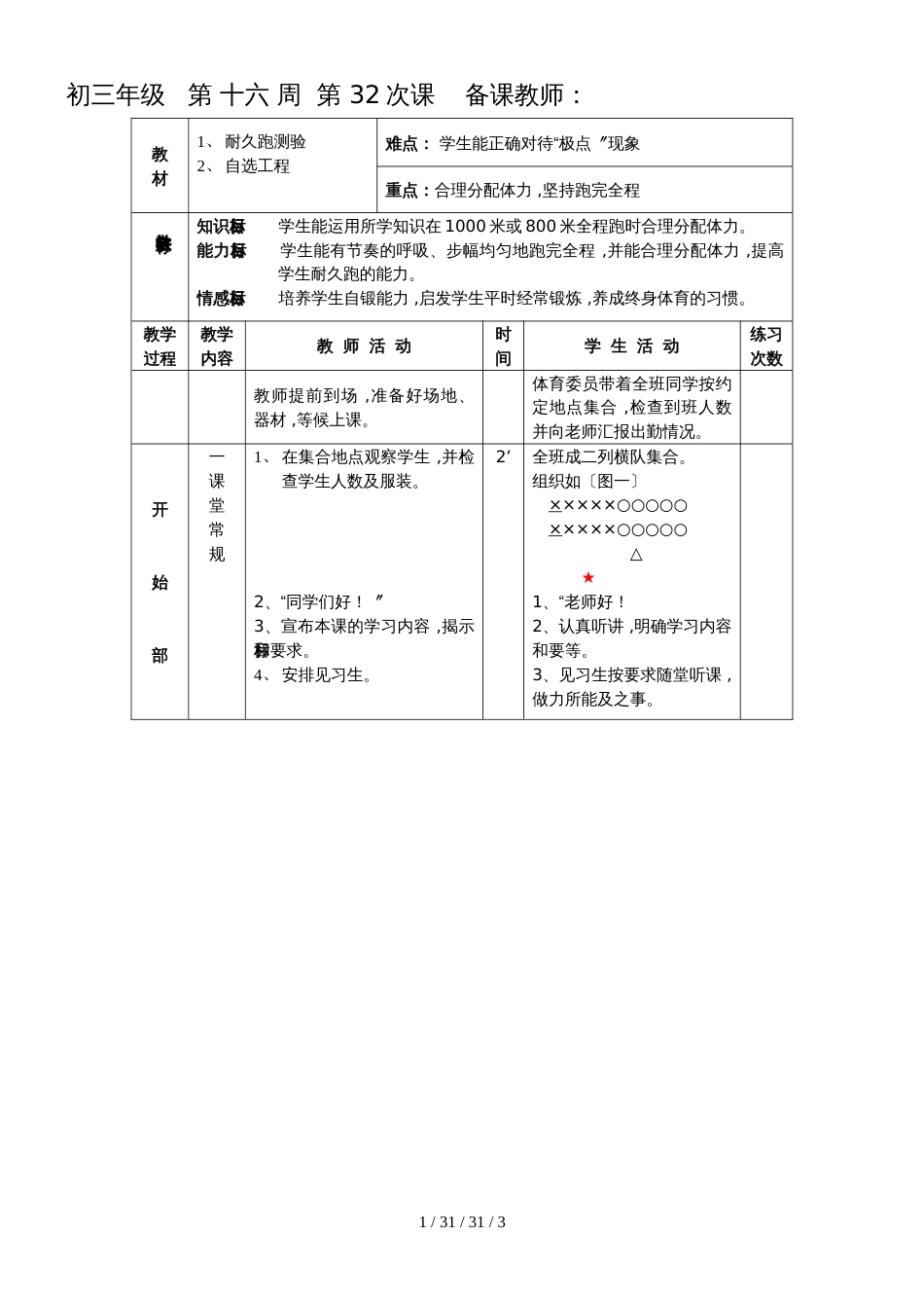 初三体育教案第 十六 周第 32课耐久跑测验 自选项目_第1页