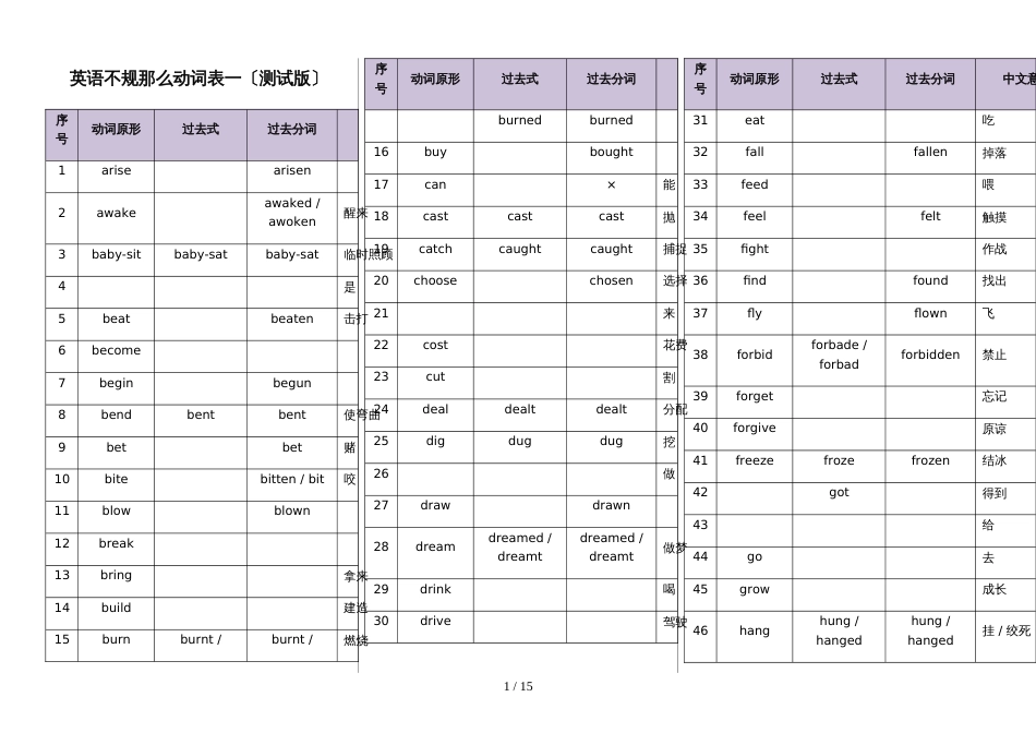 初中英语不规则动词表 测试版（含答案）_第1页