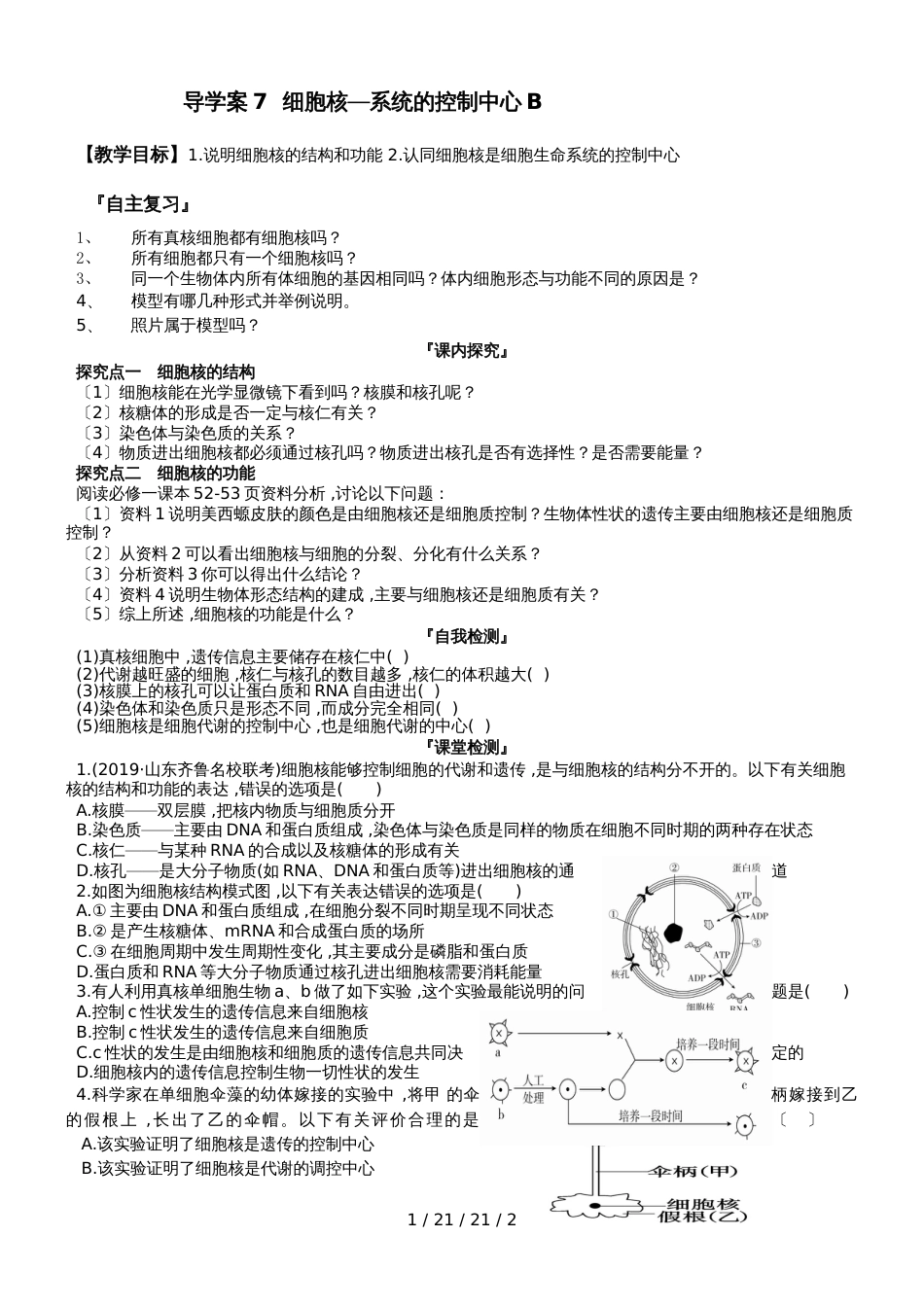 必修一 细胞核系统的控制中心导学案B无答案_第1页