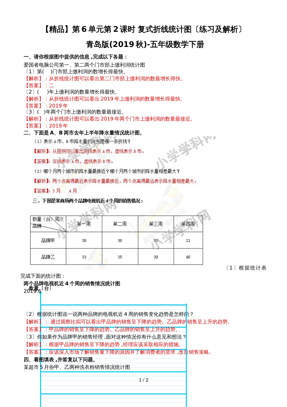 第6单元第2课时  复式折线统计图（练习及解析）青岛版（2018秋）五年级数学下册_第1页