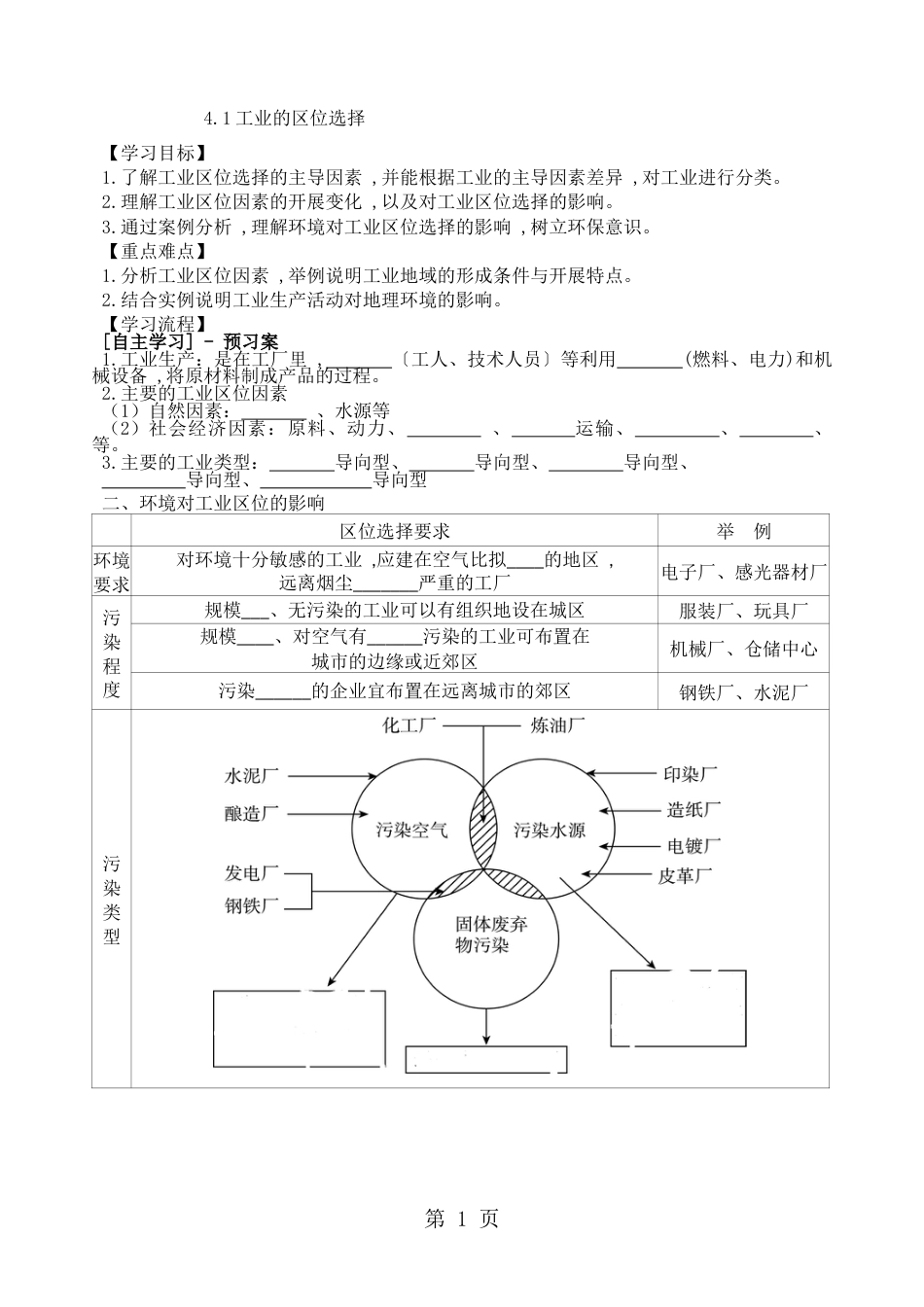 4.1工业的区位选择学案_第1页