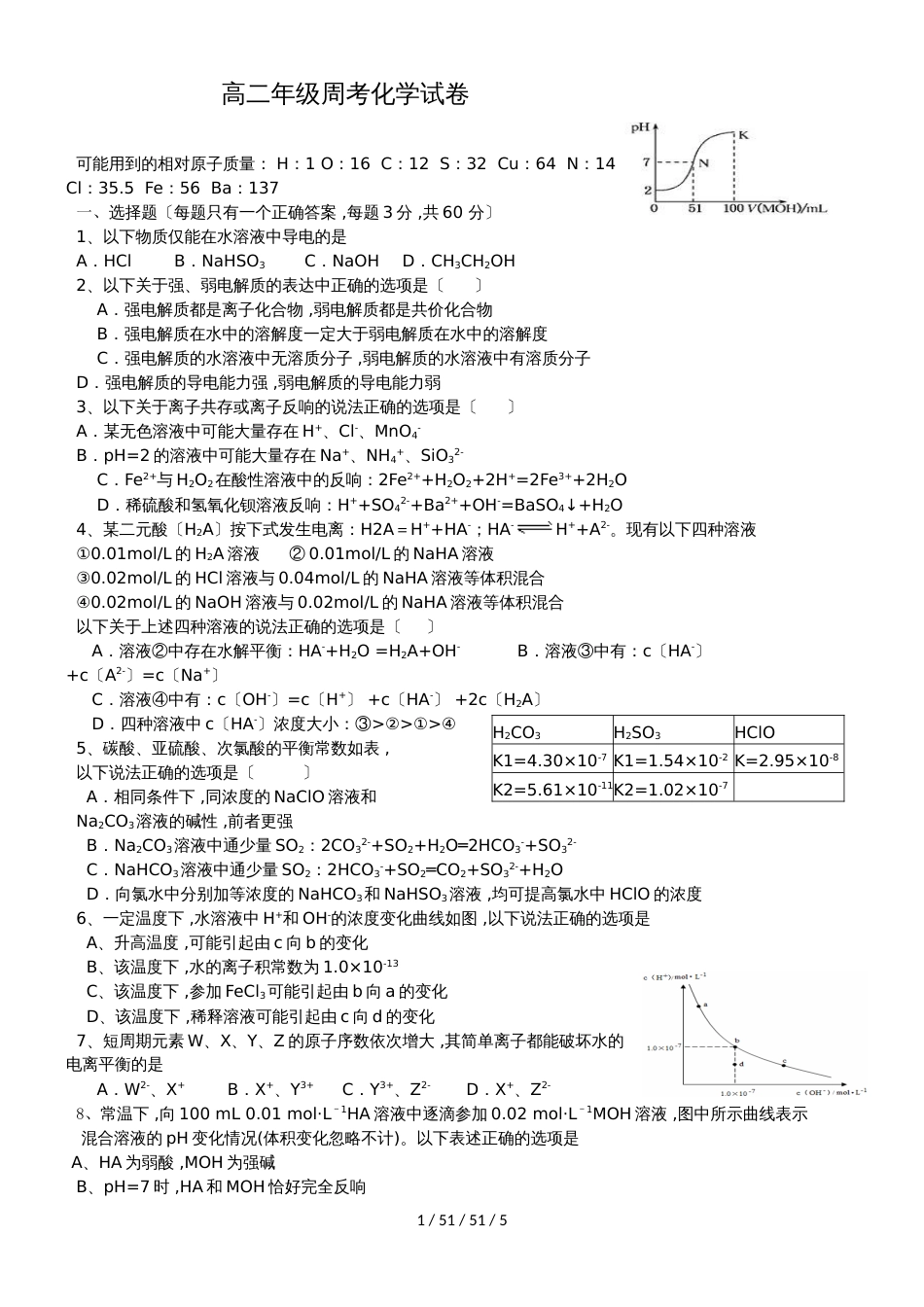 安徽省阜阳三中竞培中心2018.10.31高二年级周考化学试卷_第1页