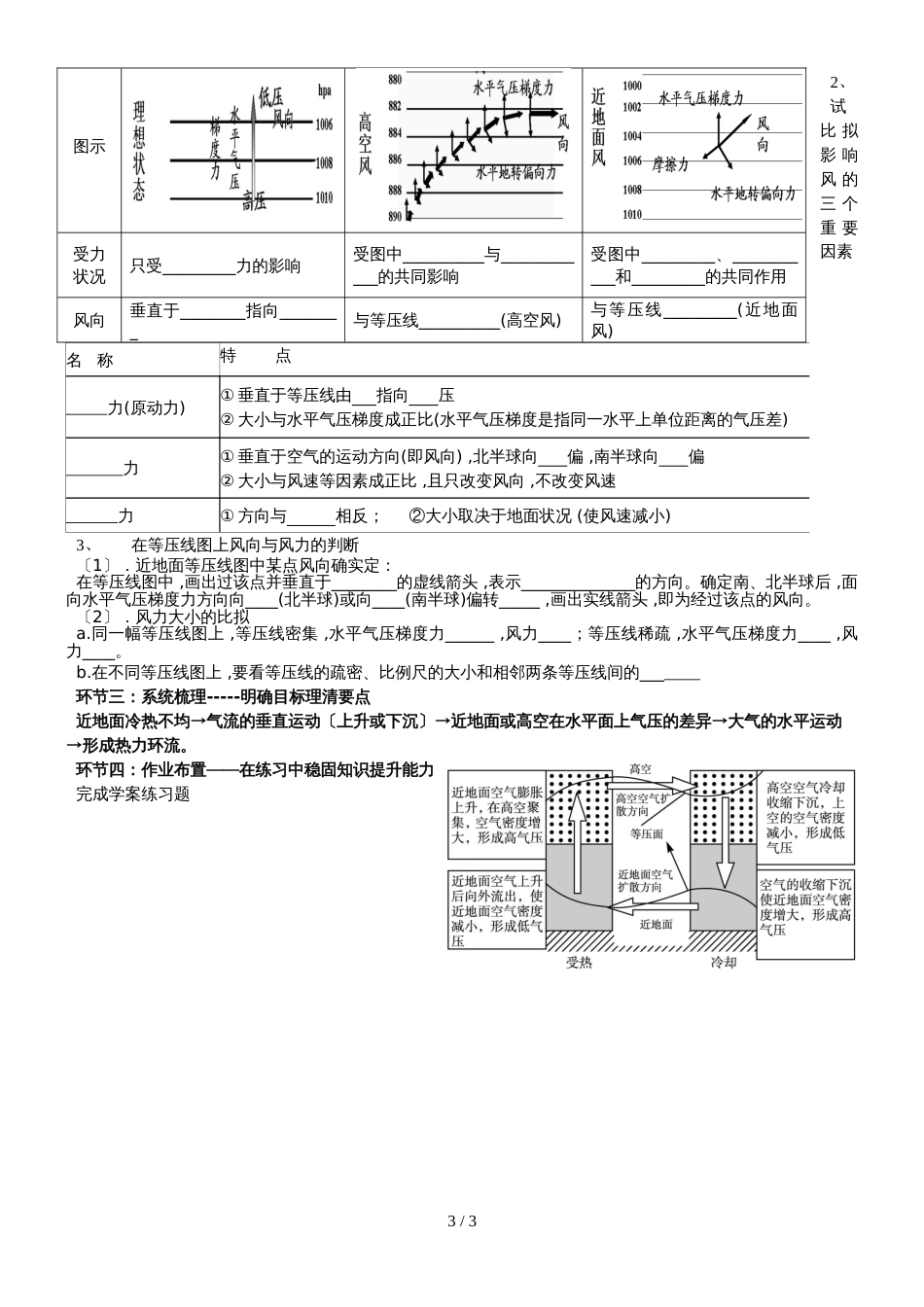 地理中图版高一上学期第二章第一节第一、二课时大气受热过程及热力环流与风学案（无答案）_第3页