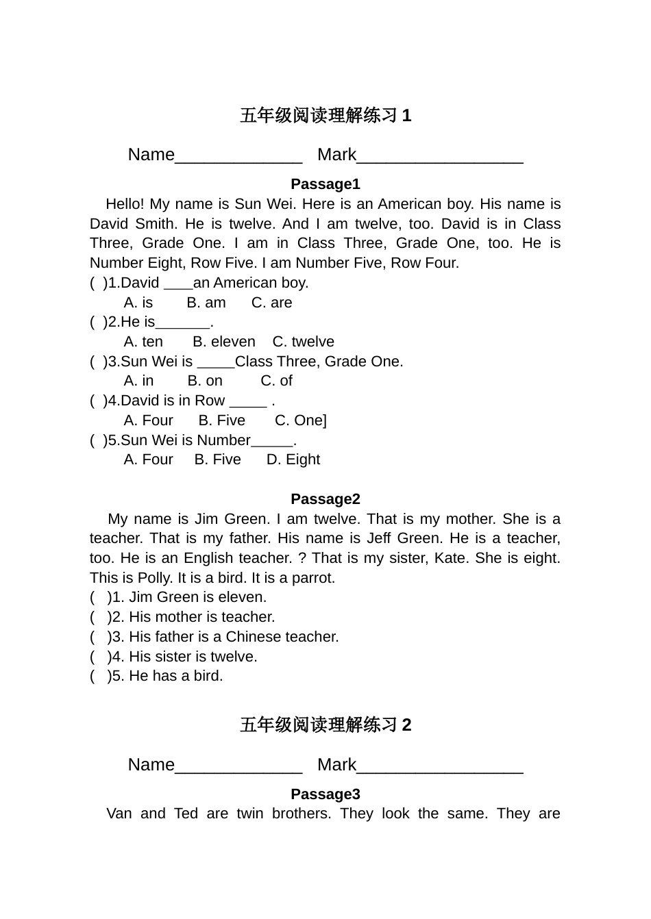 英语同步练习题考试题试卷教案小学五年级英语阅读理解[共25页]_第1页
