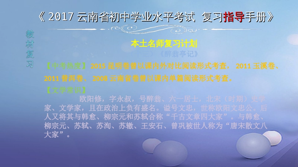 云南省2017中考语文 专题一 文言文阅读 本土名师复习计划（十三）《醉翁亭记》复习课件_第1页