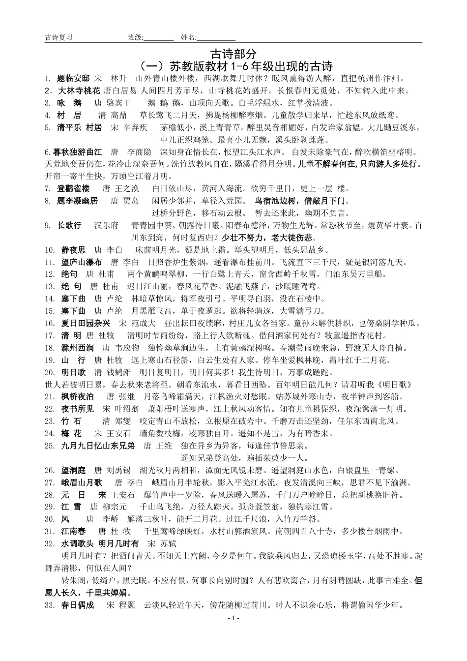 苏教版小学古诗部分复习大全[共26页]_第1页