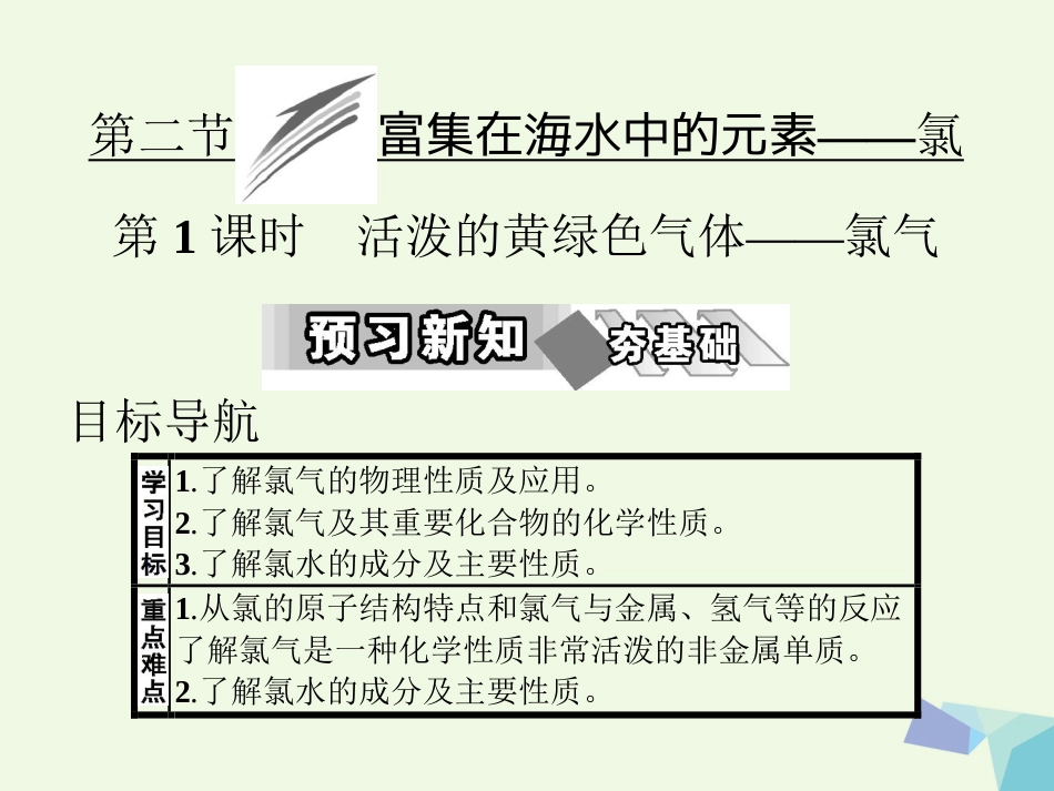 秋高中化学 第四章 非金属及其化合物 第二节 富集在海水中的元素——氯（第1课时）教学课件 新人教版必修_第1页