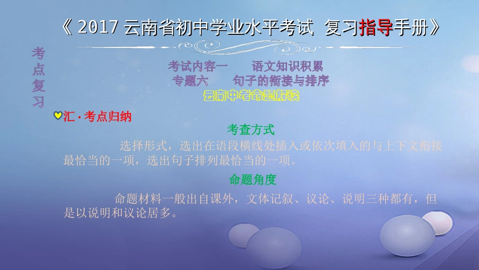 云南省2017中考语文 专题六 句子的衔接与排序复习课件[共7页]_第1页