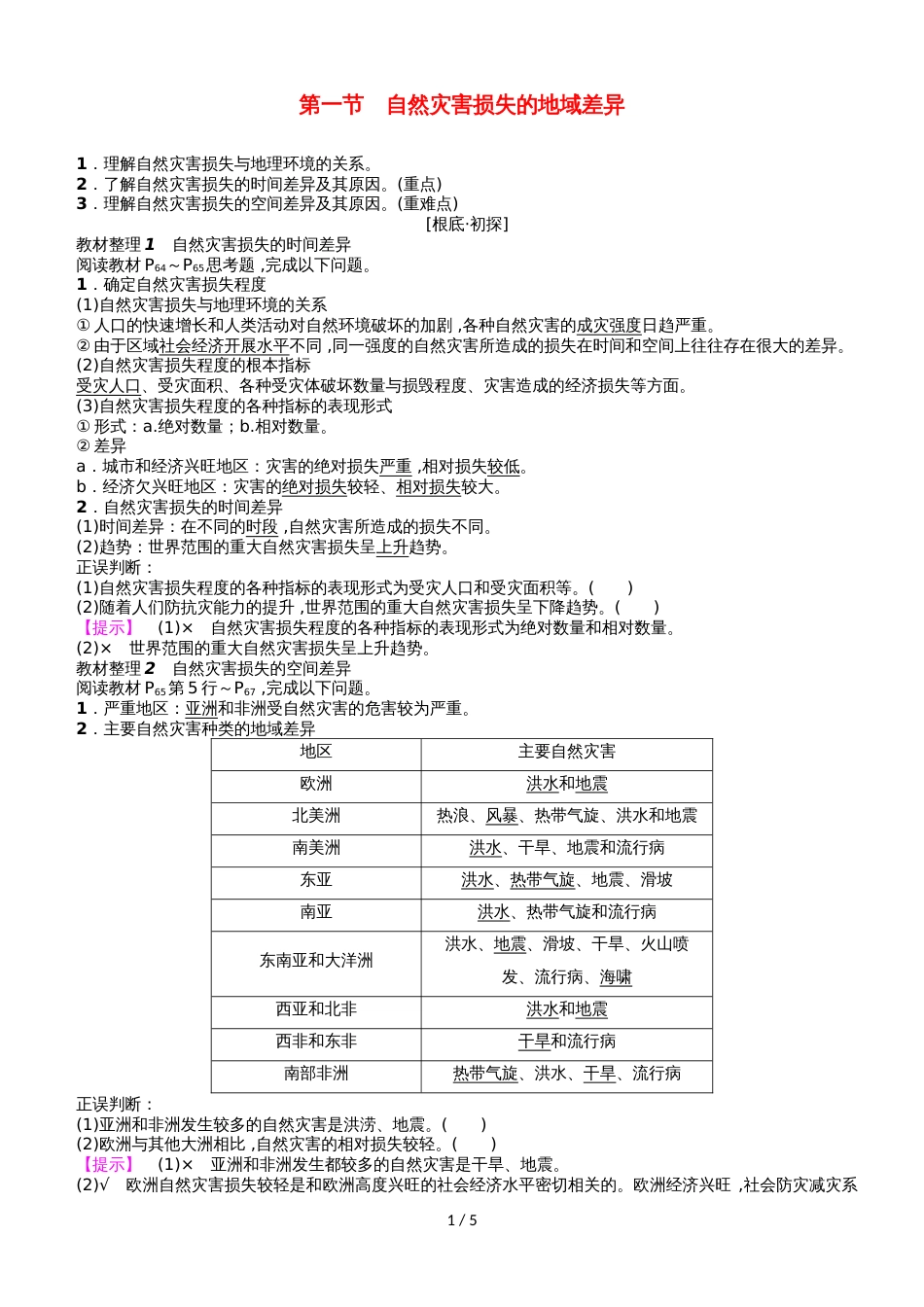 高中地理第3章自然灾害与环境第1节自然灾害损失的地域差异学案湘教版选修5_第1页