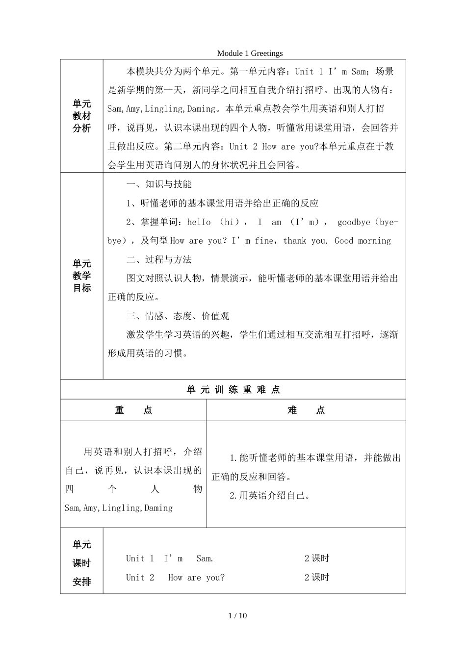 三年级上册英语教案   Module 1 Greetings  外研社_第1页
