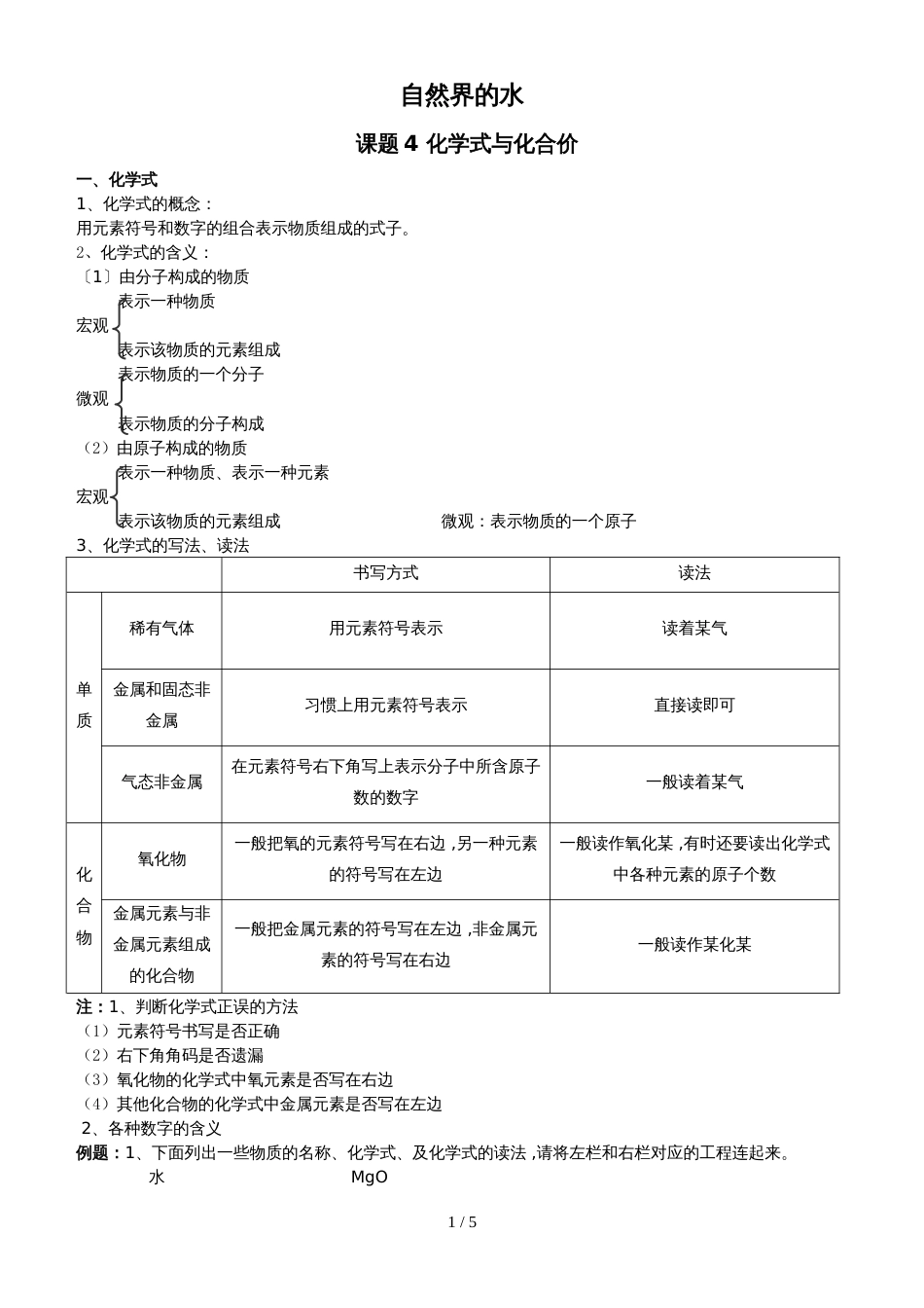版安徽省九年级化学（人教版）第四单元自然界的水课题4化学式和化合价（精炼讲义 课后习题）_第1页