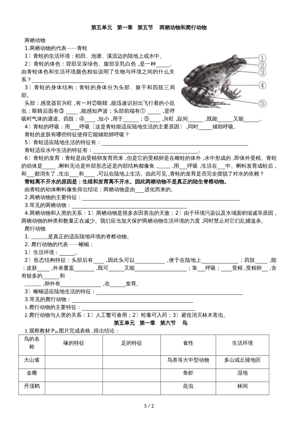 人教版八年级上册生物第五单元动物的主要类群第一章第五、六节填空题（无答案）_第1页