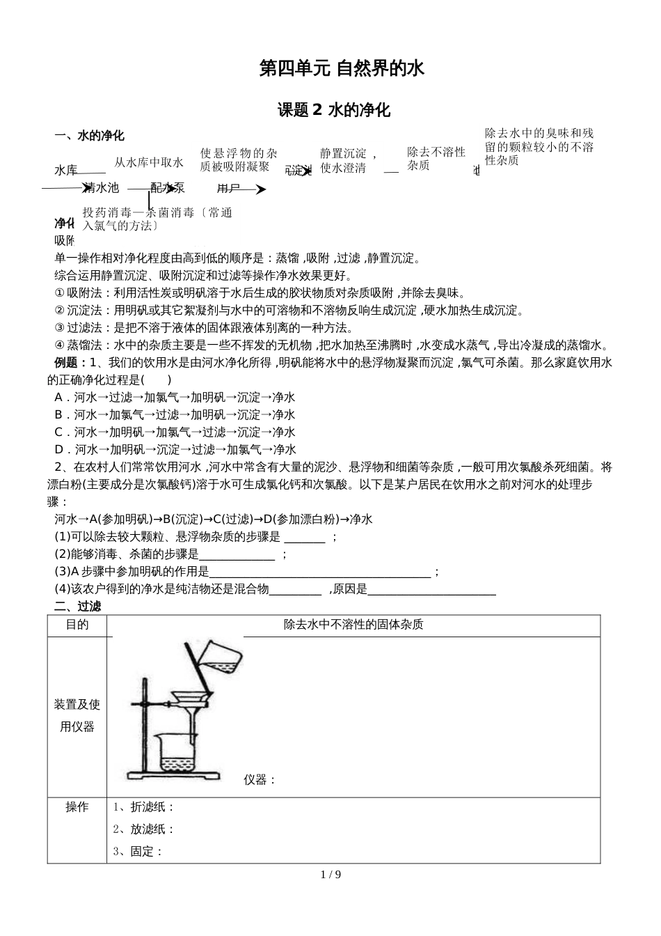版安徽省九年级化学（人教版）第四单元自然界的水课题2水的净化（精炼讲义 课后习题）_第1页