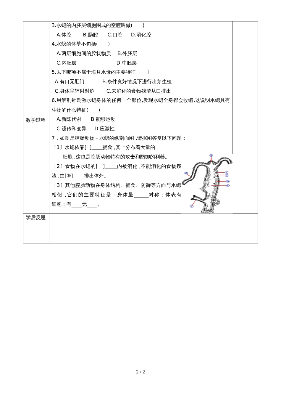 人教版八年级第五单元第一章第一节《腔肠动物和扁形动物》（导学案）（无答案）_第2页