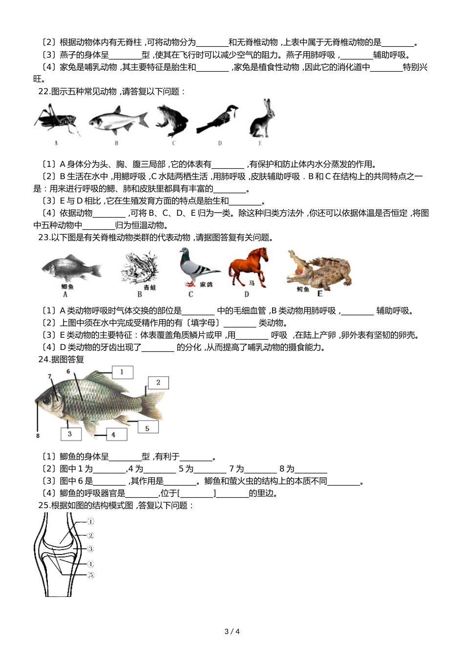 人教版八年级上册生物第五单元第二章 动物的运动和行为 综合测试题（无答案）_第3页
