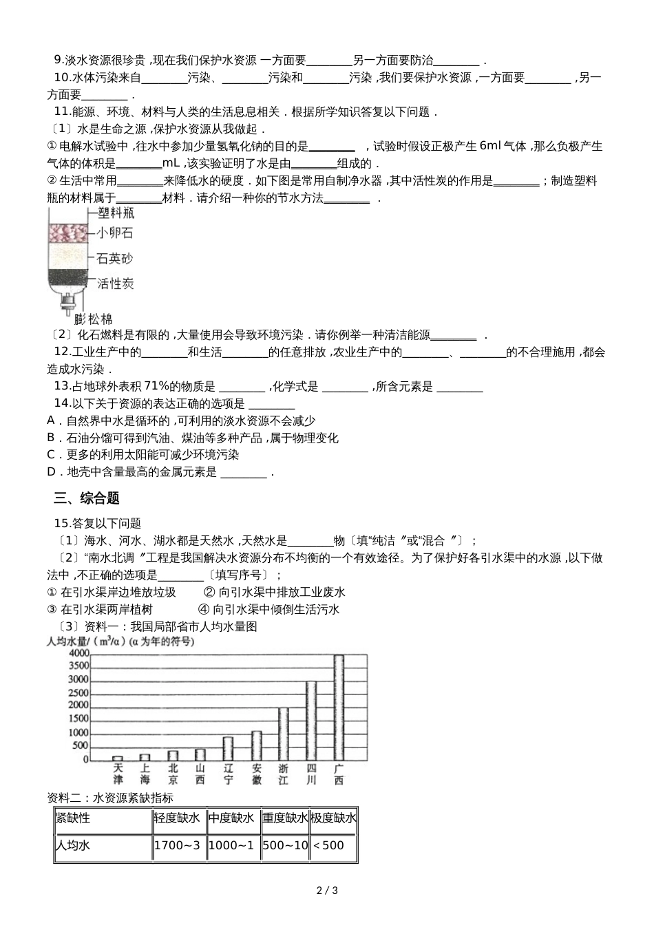 人教版八年级上册化学第四单元 课题3 爱护水资源 同步练习题（无答案）_第2页