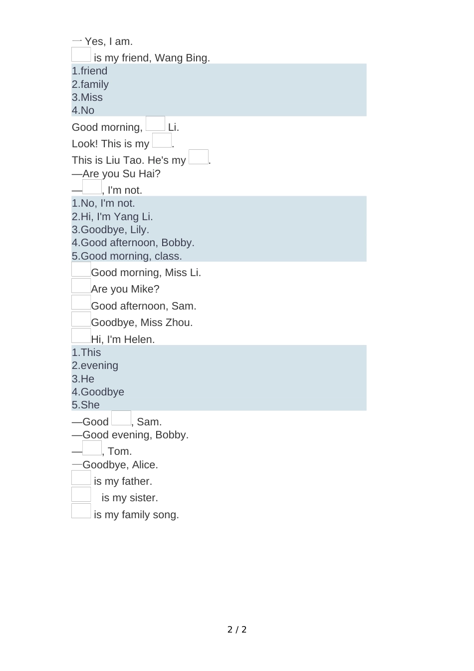 三年级上册英语试题   Unit1Unit4 专项练习 4根据句子选答句 译林版_第2页