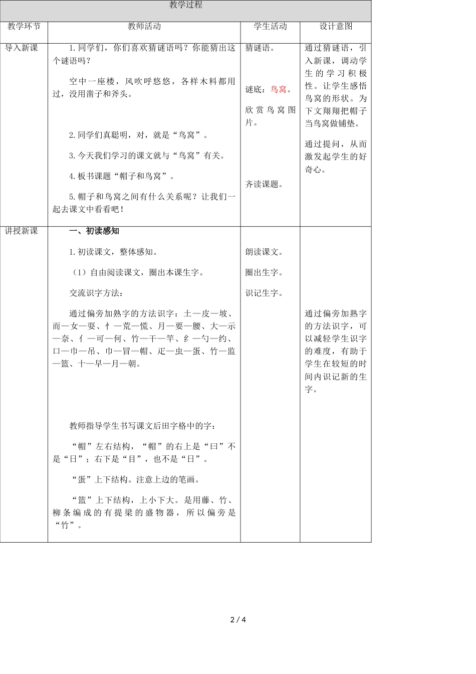 三年级上册语文教案2帽子和鸟窝∣语文S版_第2页