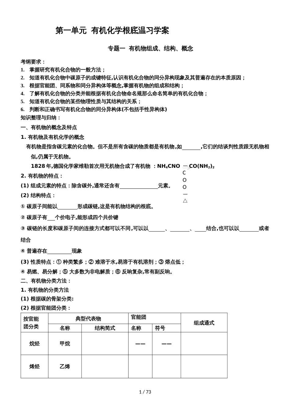 2018  高三化学一轮复习   第一单元 有机化学基础复习学案 (无答案）_第1页
