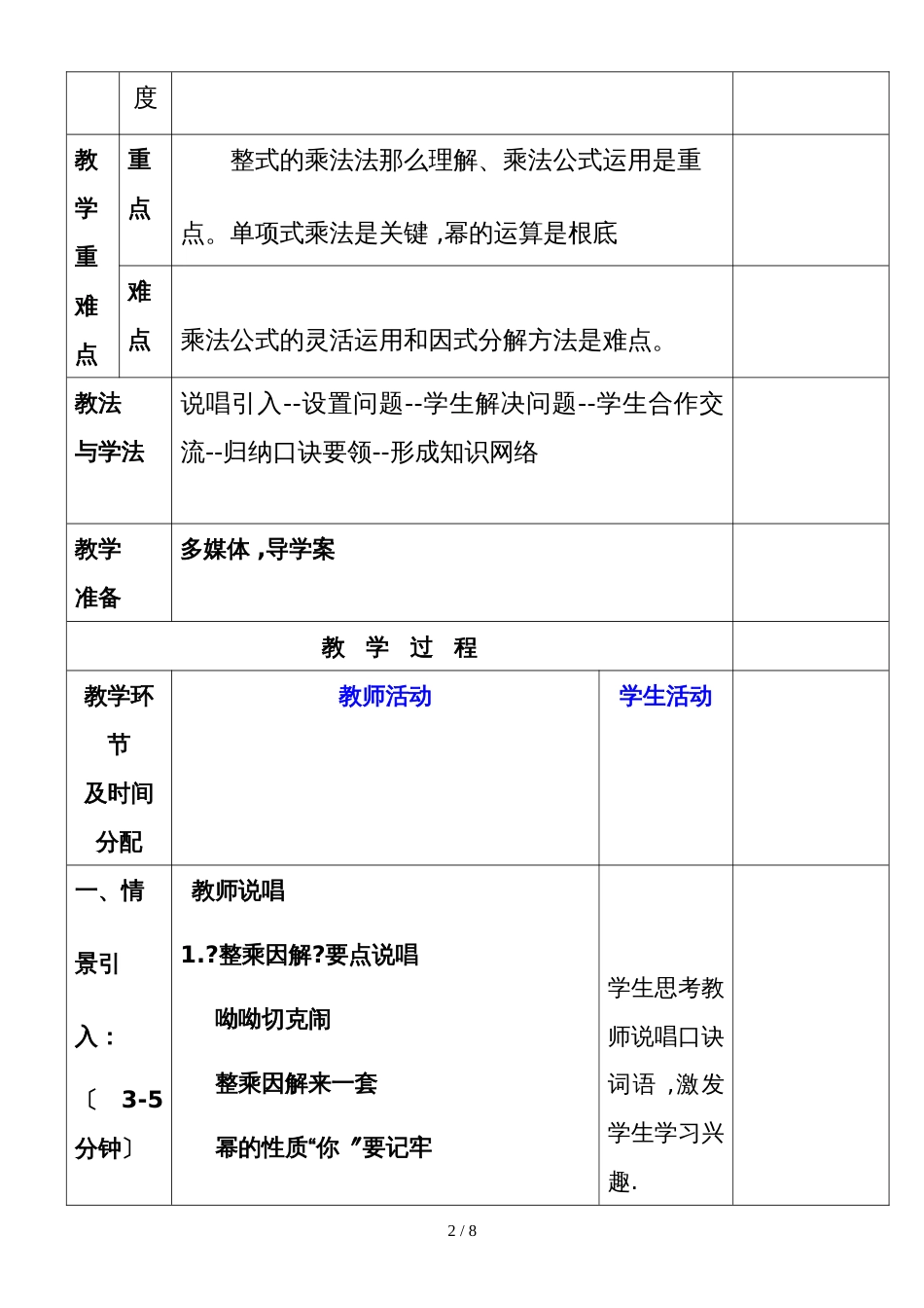 人教版八年级上册 第14章  《《整式的乘法与因式分解复习》》教学设计_第2页