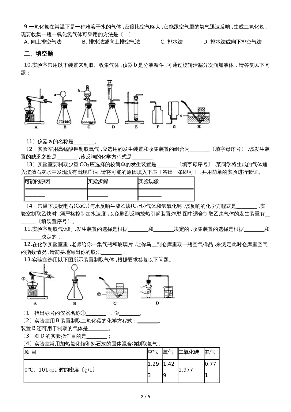 人教版八年级上册化学第七单元 课题2 二氧化碳制取的研究 同步练习题（无答案）_第2页