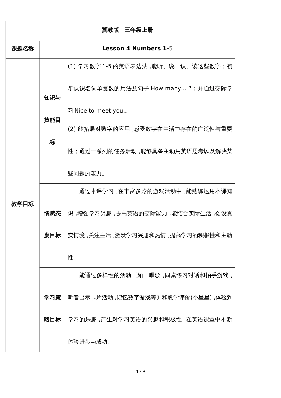 三年级上英语教案第一单元Lesson 4_冀教版_第1页