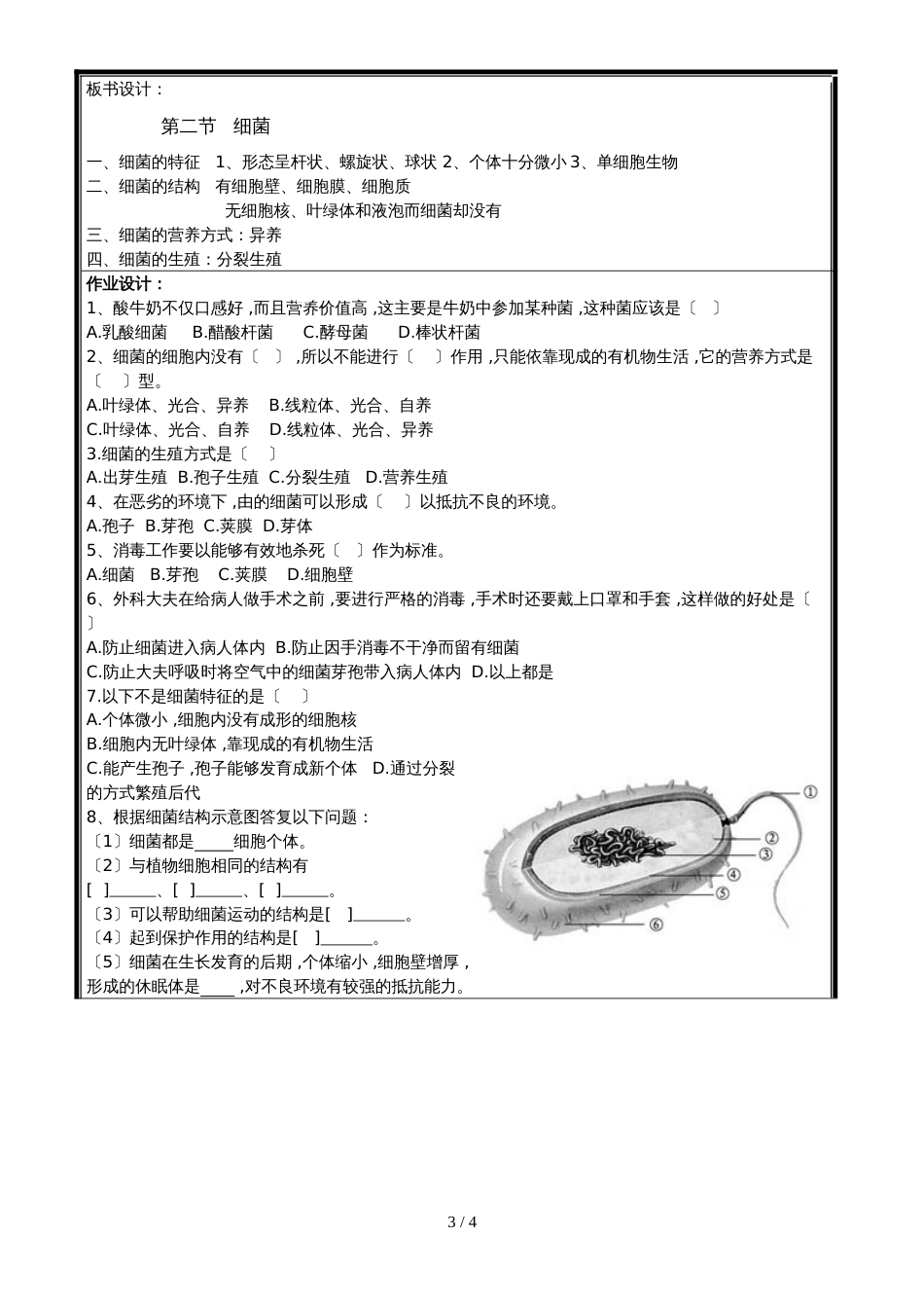 人教版八年级上册第五单元第四章第二节细菌导学案（无答案）_第3页