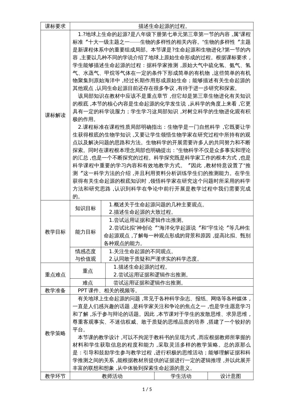 人教版八年级生物下册7.3.1地球上生命的起源教案_第1页