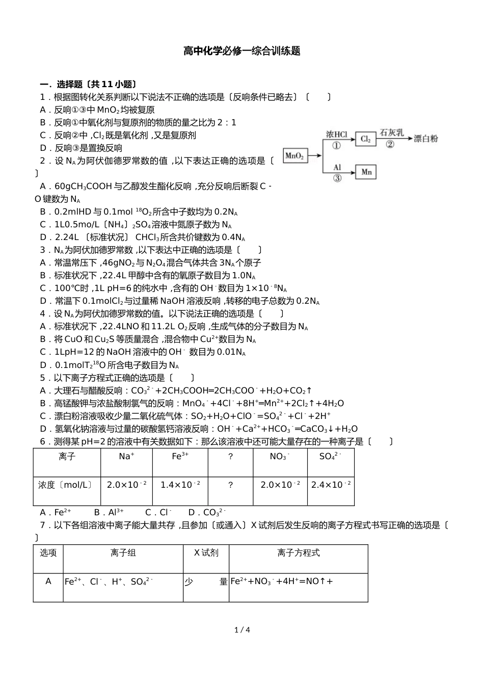 高中化学人教版必修一综合训练题无答案_第1页