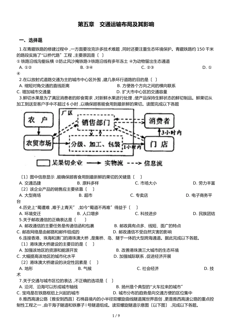 高中地理人教版必修2 第五章 交通运输布局及其影响 单元测试（解析版）_第1页