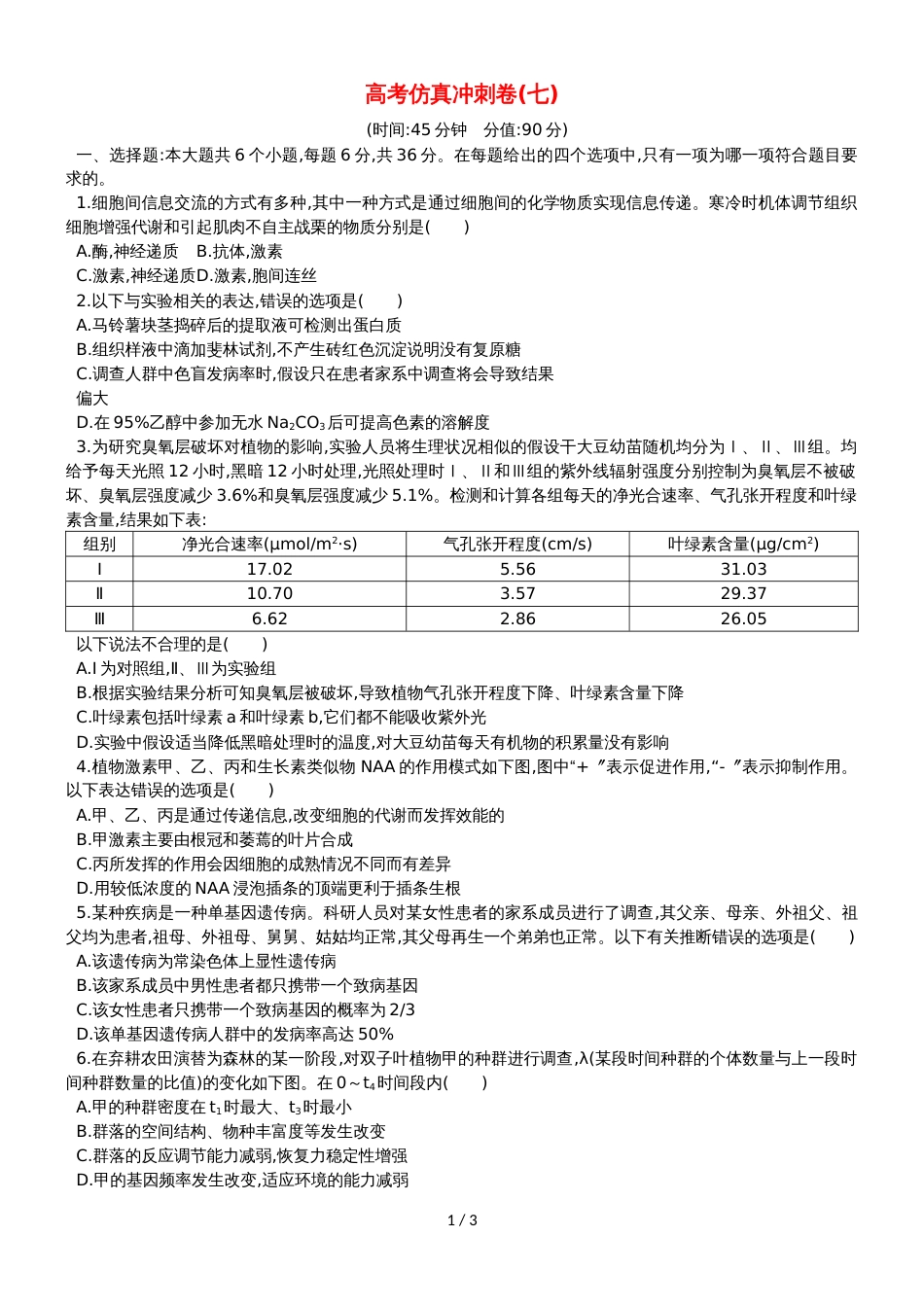 版高考生物二轮复习 仿真冲刺卷七_第1页