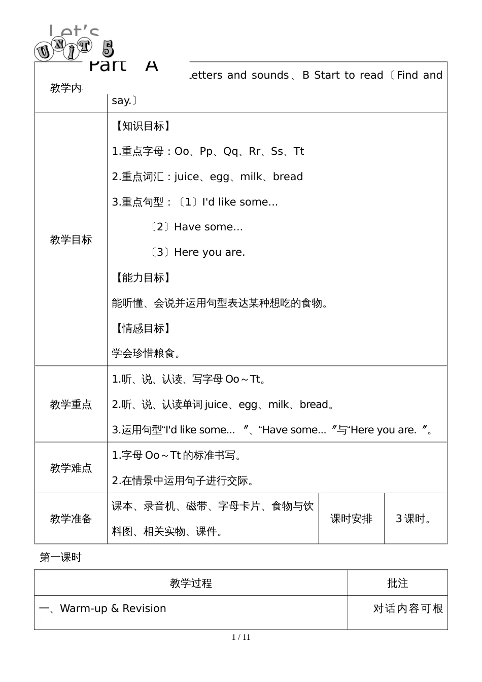 三年级上英语教案Unit 5 单元教案 1 人教_第1页