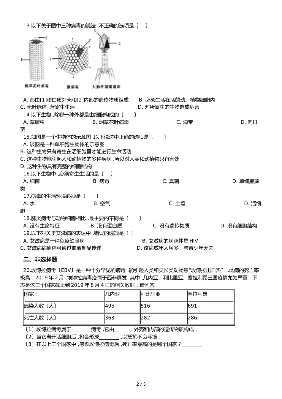 人教版八年级上册生物第五单元第五章 病毒 综合测试题（无答案）_第2页