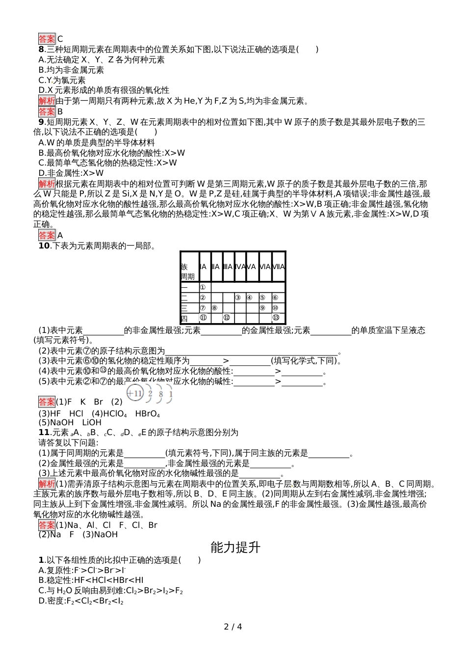 高中化学必修二人教版课后习题：第1章  第1节  第2课时 元素的性质与原子结构_第2页