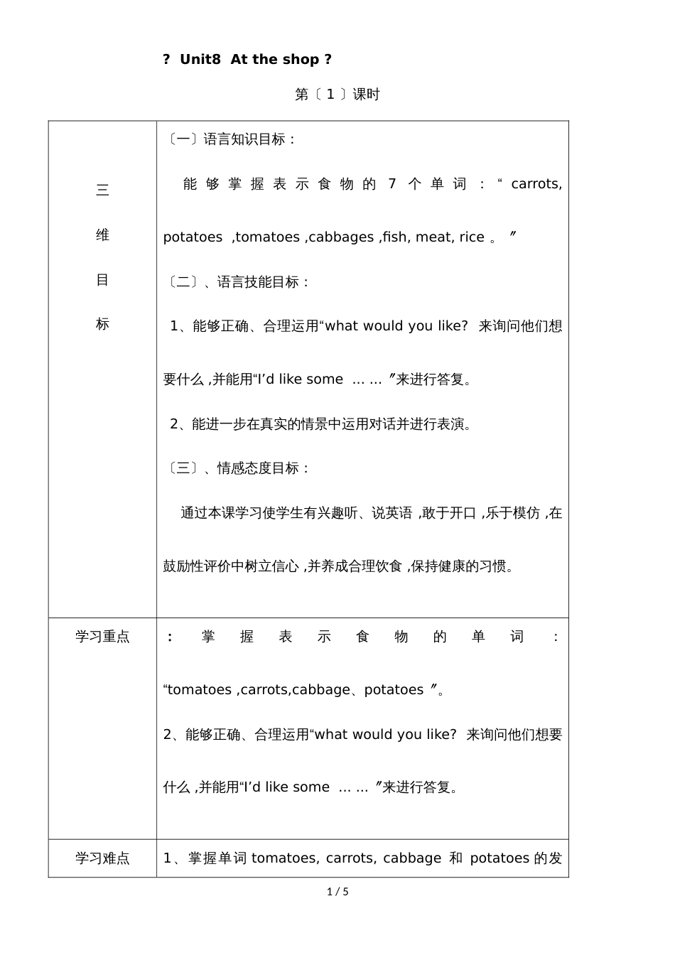 四年级上册英语教案Module3 Unit8 第一课时_牛津上海版（深圳用）_第1页