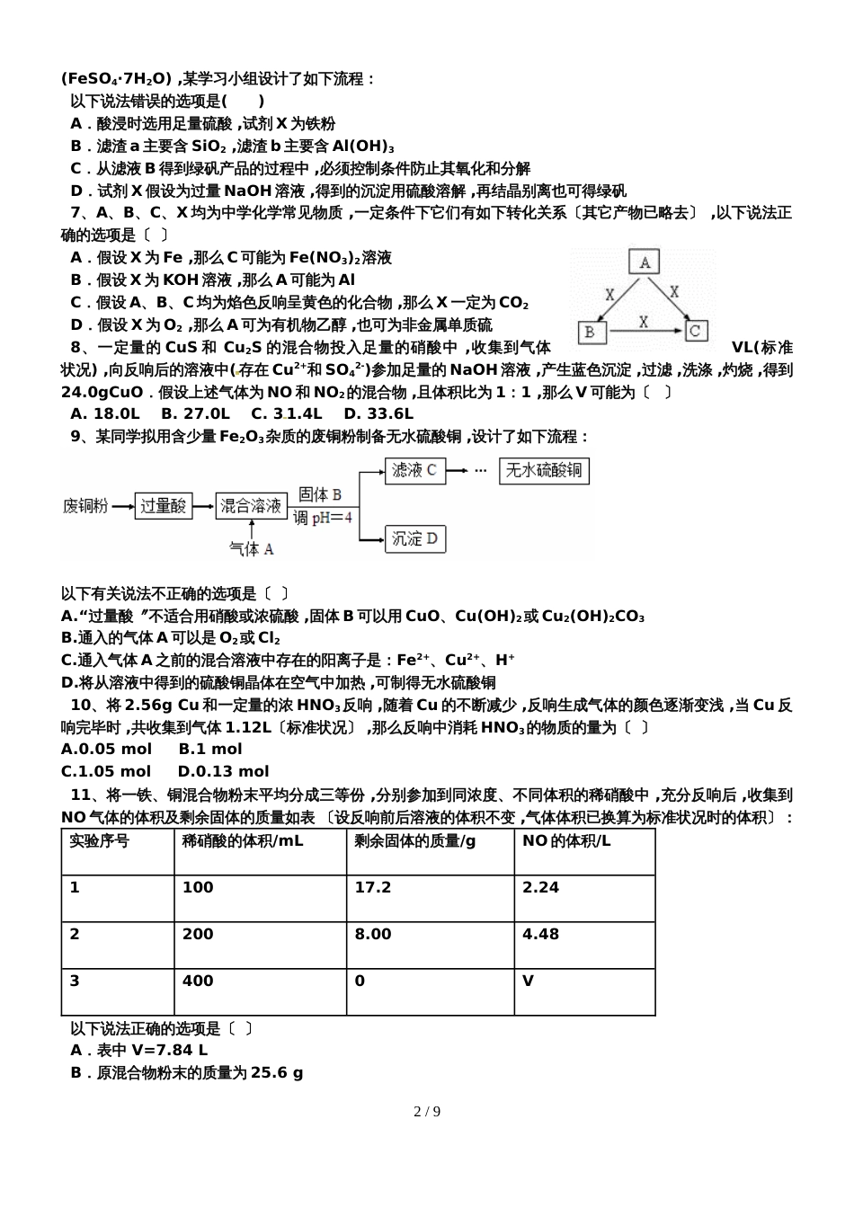 甘肃省武威市高中化学《金属元素的单质及其化合物》强化练习_第2页
