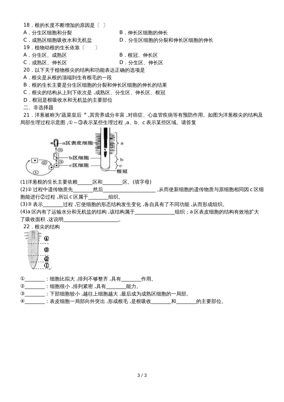 度山东省滕州市鲍沟中学八年级生物上册第一章：第5节：根的结构与功能练习题（无答案）_第3页