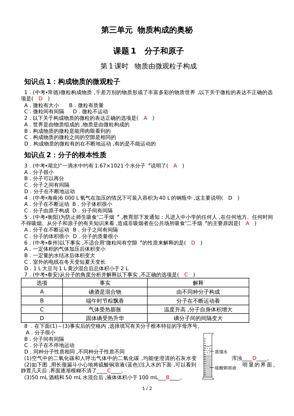 度人教版化学九年级上册同步知识点练习：第3单元  物质构成的奥秘课题1   分子和原子(第1课时)_第1页