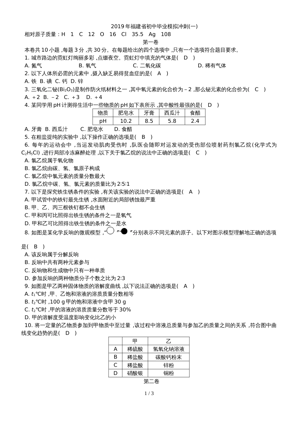 福建省初中毕业模拟冲刺(一)_第1页
